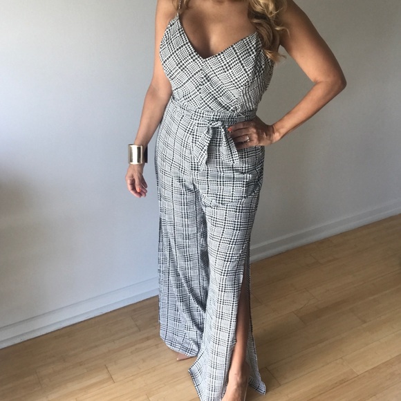 v neck open back dot slit jumpsuit